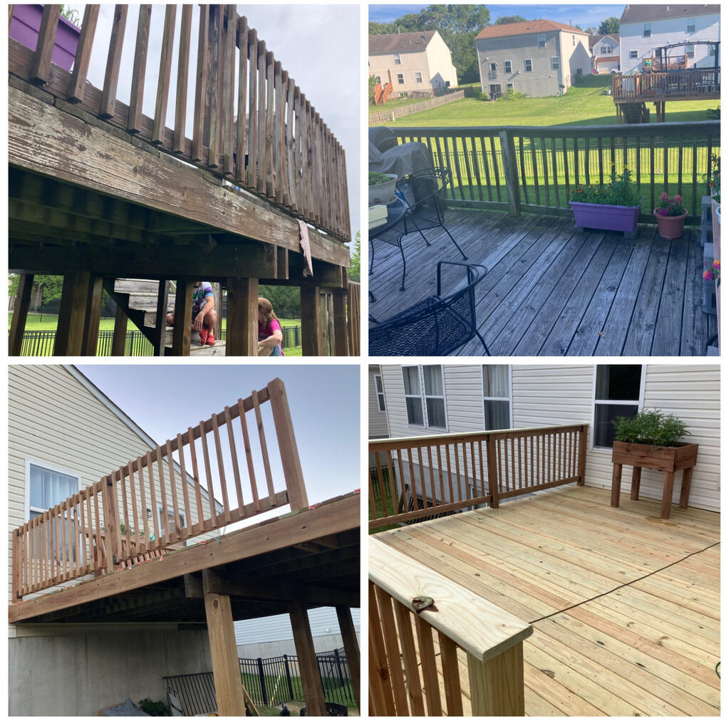 "This deck was due for a major refresh. We replaced the worn-out deck boards and installed sturdy new railings, enhancing both safety and appearance for a long-lasting outdoor space."
