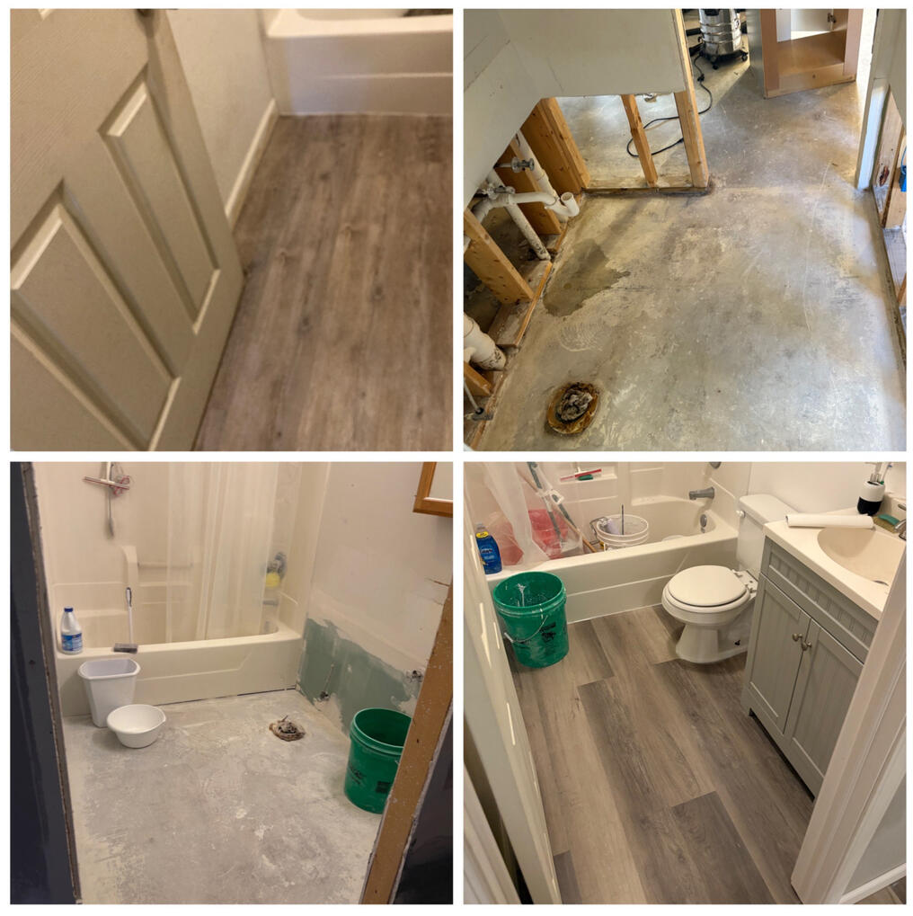"After severe flooding, we completely gutted this basement bathroom—removing drywall, vanity, toilet, flooring, and more. After cleaning, drying, and painting, we brought the space back to life with a fresh new look."