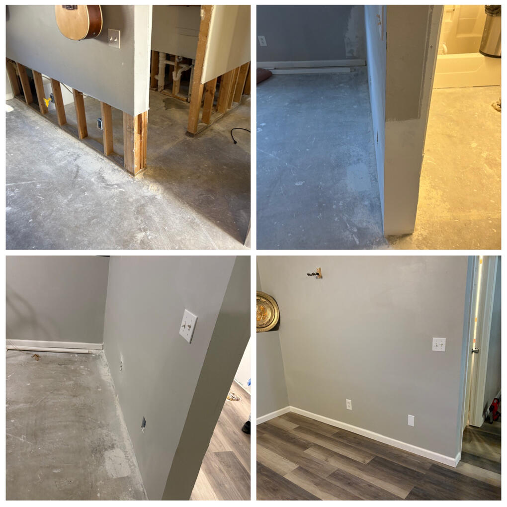 "This flood-damaged living room needed a full restoration. We removed the drywall, baseboards, and flooring, then rebuilt from the ground up—installing new drywall, applying texture, painting, and finishing with fresh flooring, doors, and trim. A complete