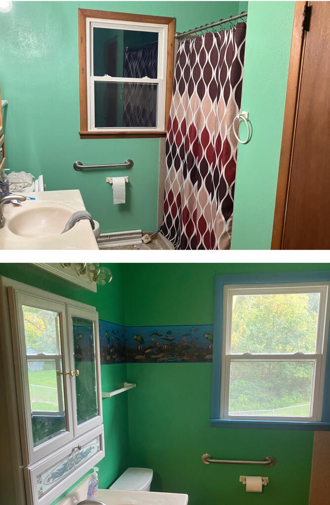 Water room --Before and After-- "An ocean-inspired retreat 🌊✨ Green waves, white crests, and deep blue currents create a tranquil, sea-like atmosphere. The deep-sea border adds an immersive underwater touch, bringing serenity and flow to the space. 💙"
